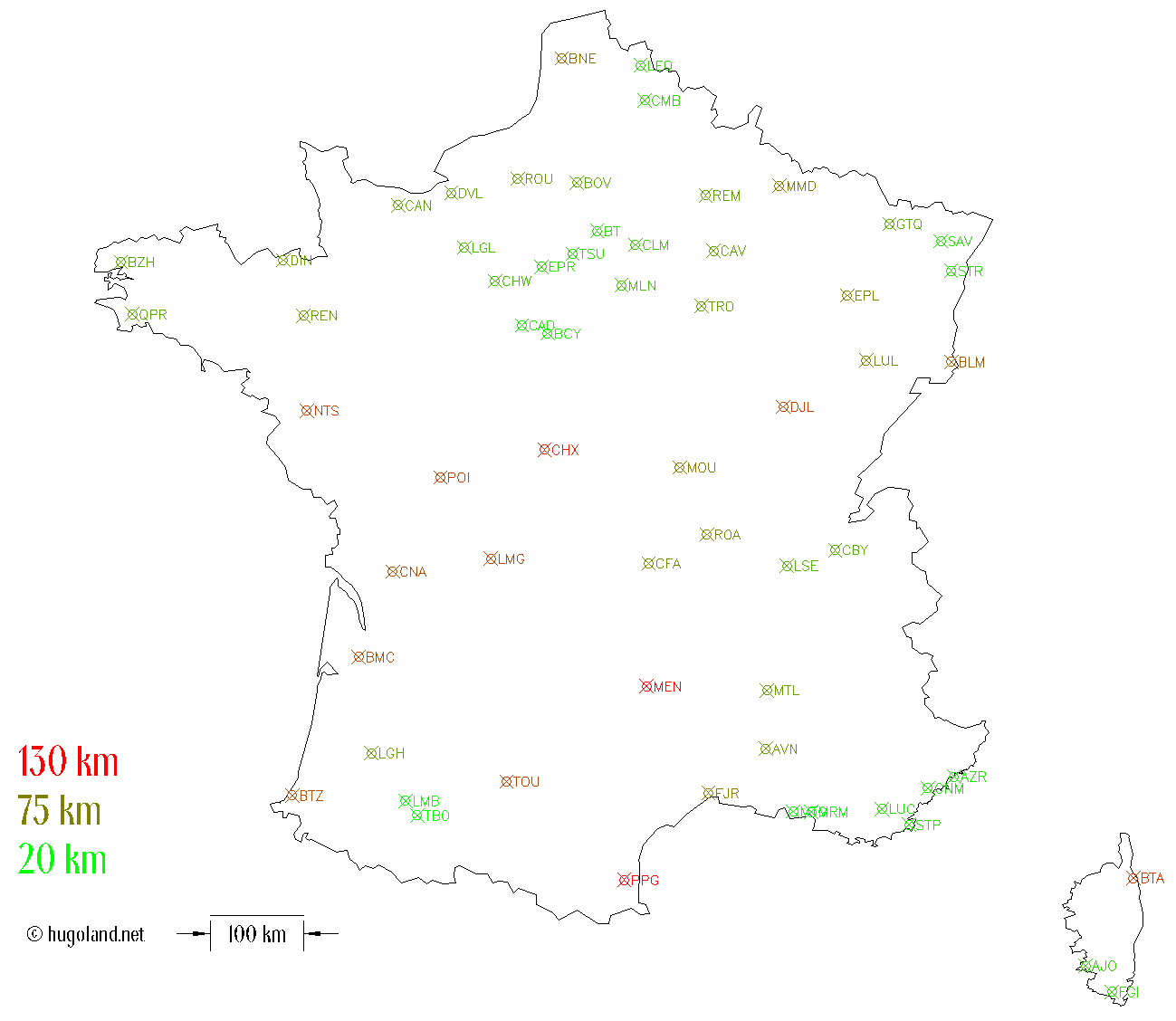 Carte des VOR par distance à d'autres VOR français